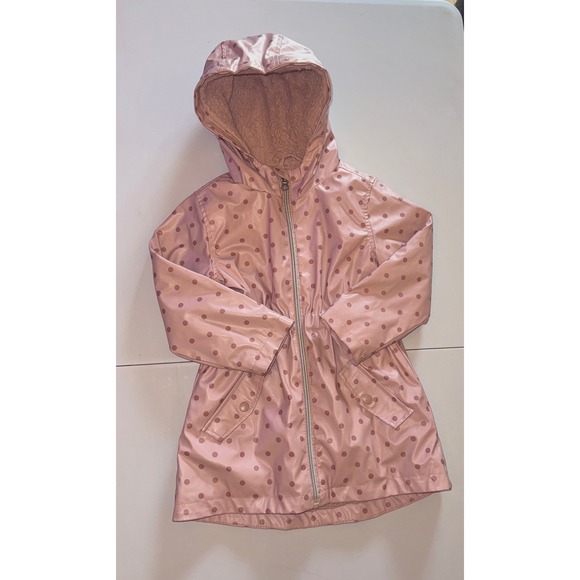 Liv & Lottie Other - Liv & Lottie Raincoat Girls Size 4 Pink Polka Dot Faux Fur Lined Hooded Jacket
